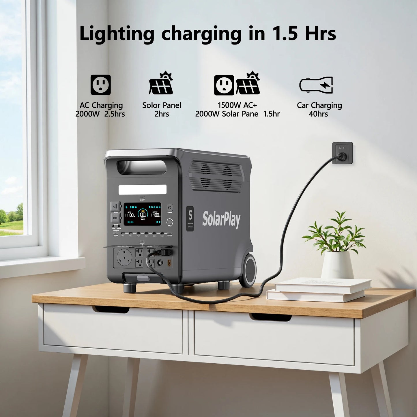 SOLARPLAY Q3600 Outdoor Generator 3600W MPPT Portable Power Station with 400W Folable Solar Panels Trolley For RV Camping