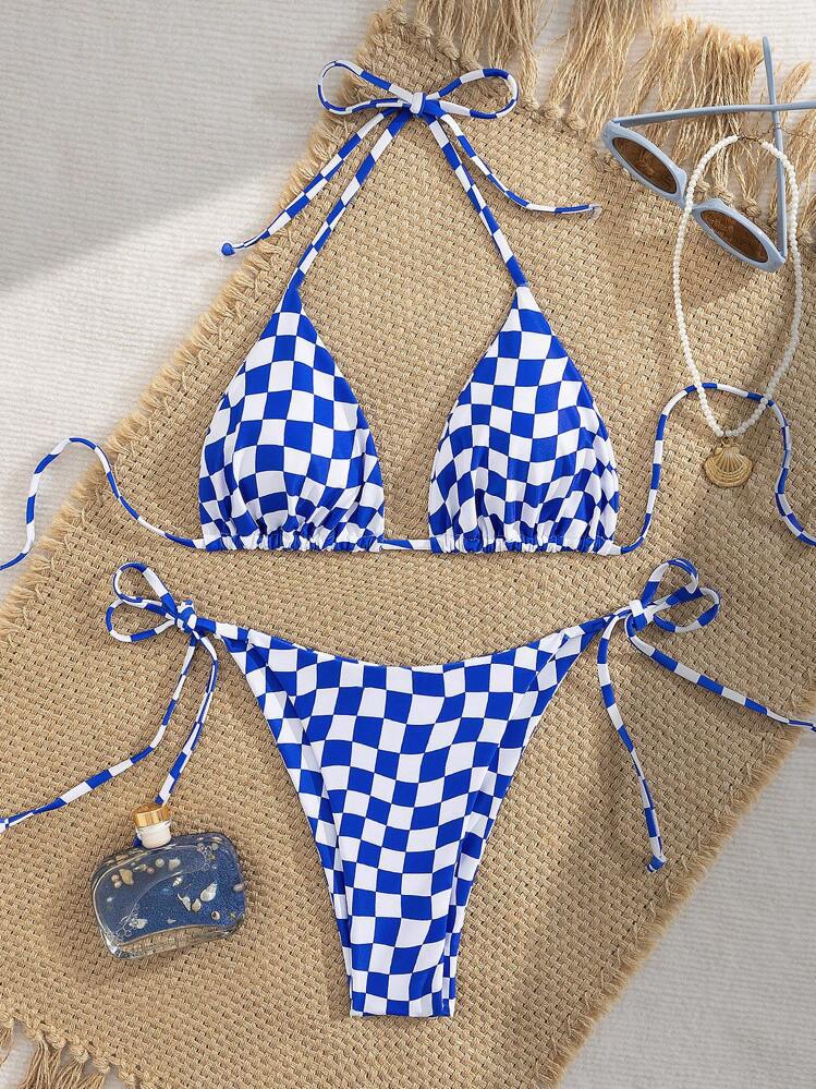 Lace up multi-color checkered split swimsuit women's bikini swimsuit
