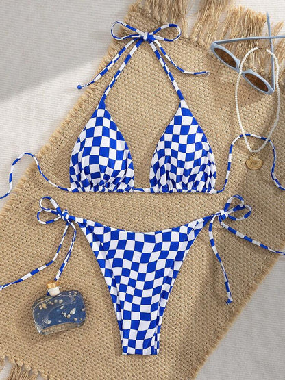 Lace up multi-color checkered split swimsuit women's bikini swimsuit