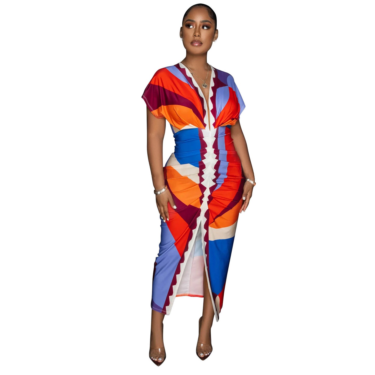Fashion Women's V-neck Printed Pleated Split Long Dress