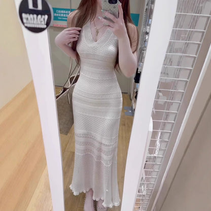 Chic Hollow Knit Dress, Sleeveless Long Dress