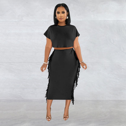 FashionableStyle Solid Color Fringe Round Neck Short Sleeve Long Dress Two-Piece Set