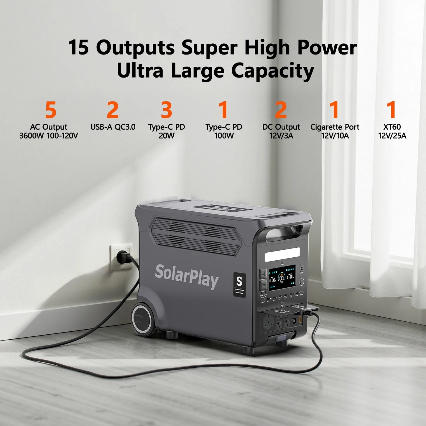 SOLARPLAY Q3600 Outdoor Generator 3600W MPPT Portable Power Station with 400W Folable Solar Panels Trolley For RV Camping