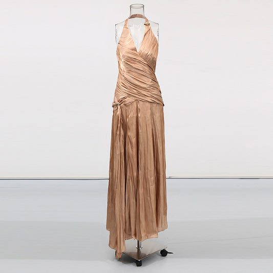 Champagne chiffon neck hanging dress dress