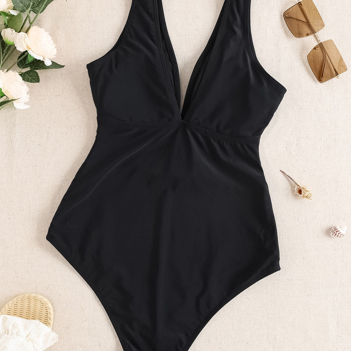 Solid Color Deep V-Neck Slimming Sexy One-Piece Swimsuit for Women
