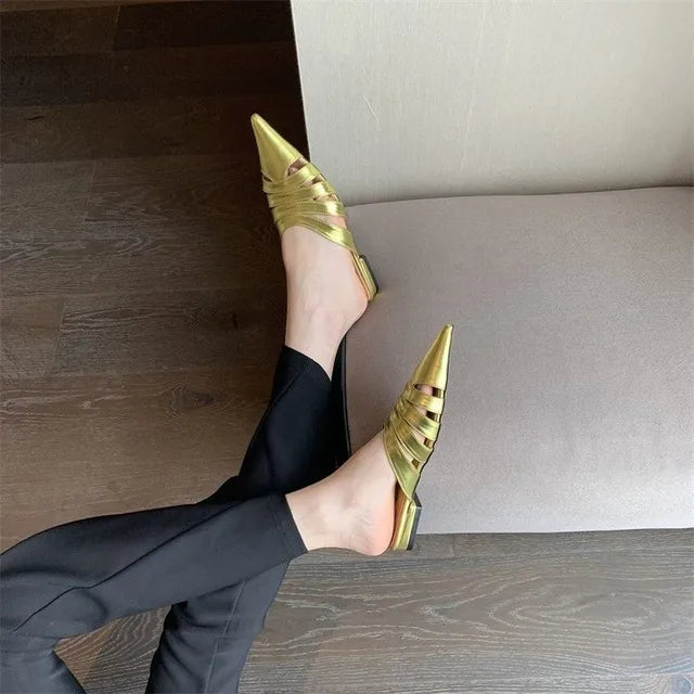 Pointed Toe Women Slides Slippers Black Gold Silver White Casual Outside Flat Slippers Hollow Dress Shoes Summer Slip On Pumps