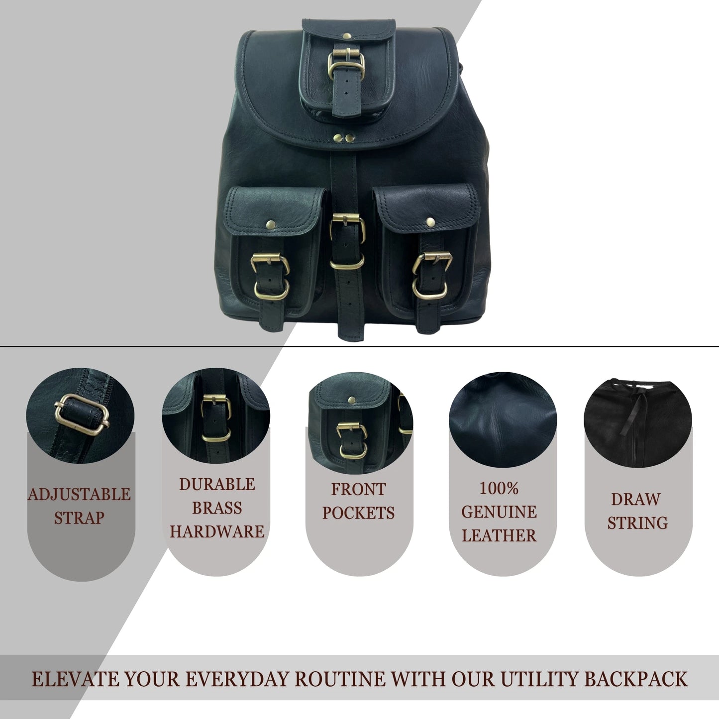 Black Vintage Genuine Leather Backpack for Men & Women Handmade Brown Travel Rucksack with Multi Pockets