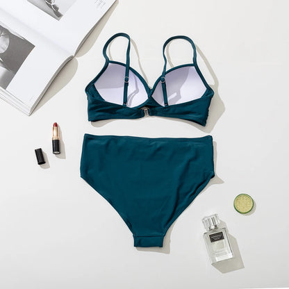 women's sexy solid color swimsuit deep V neck swimwear female monokini high waist bikini set two piece bathing suit set