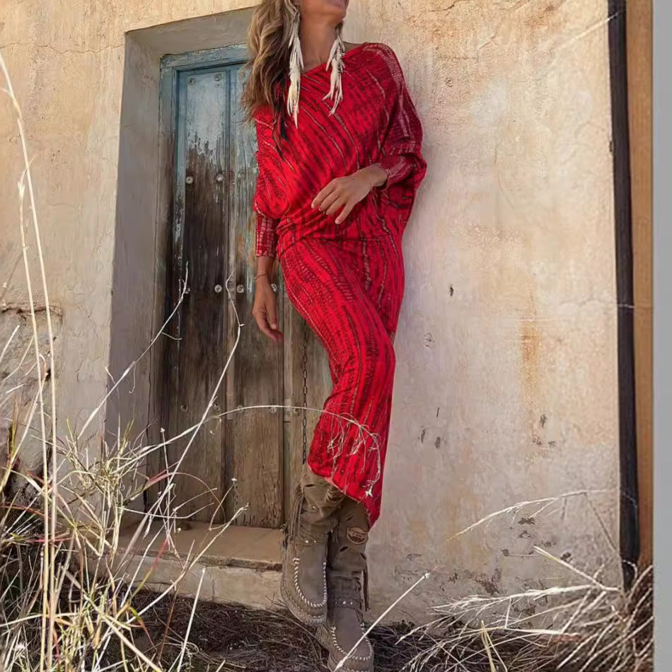One Shoulder Batwing Sleeve Printed Long Dress