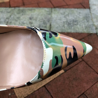 Tikicup Women Camouflage Patent Pointy Toe High Heel Shoes Unique Ladies Fashion Dress Stiletto Pumps Plus Size 33-45