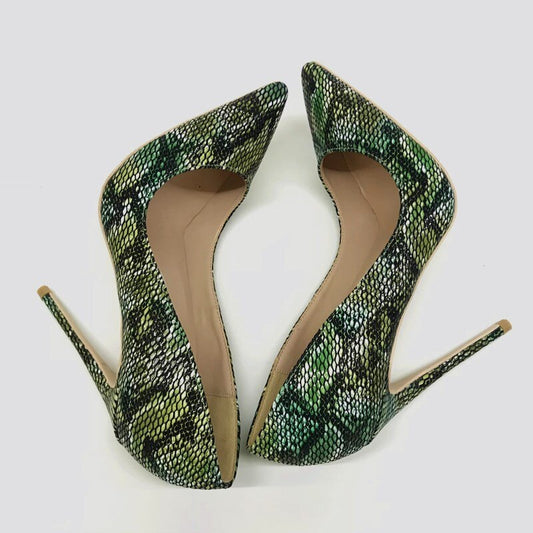 Tikicup Green Python Pattern Embossed Women Sexy Stilettos High Heels Designer Chic Pumps for Elegant Ladies Slip On Dress Shoes