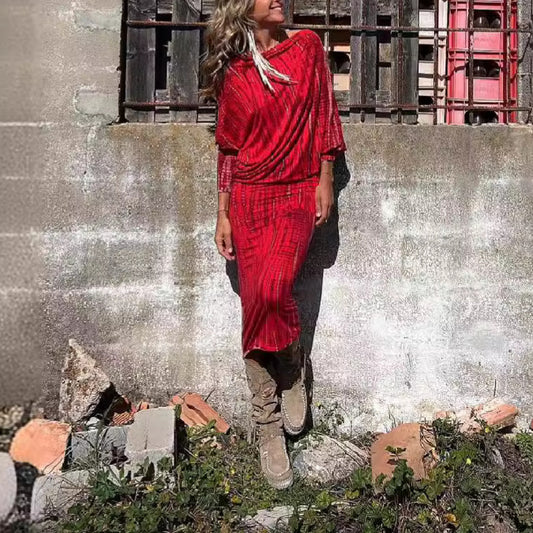 One Shoulder Batwing Sleeve Printed Long Dress