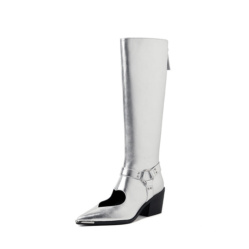 Genuine Leather Shoes Woman Knee HIgh Boots Spring Autumn Pointed Toe CHunky Heels Black Silver Dress Party Casual Shoes