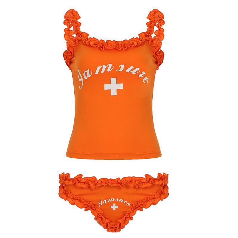 Vacation Style  Spicy Girl Letter Print Bikini Set Lace Trim Strapless Top Low Waist Triangle Pants