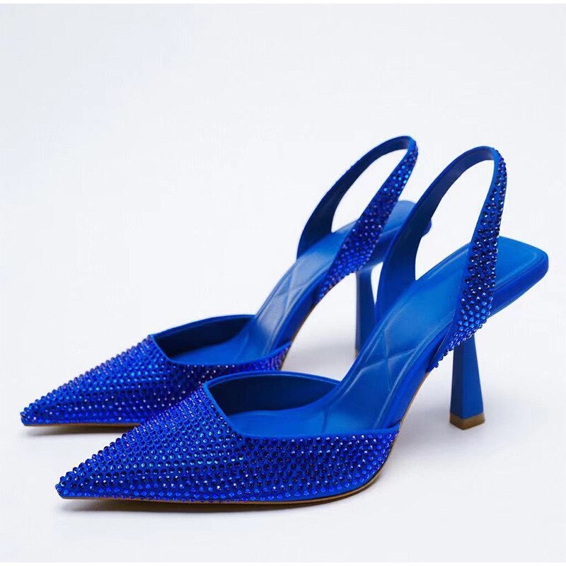 Summer Women Sandal Shoes Thin High Heel Pointed Toe Slingback Sandals Ladies Fashion Bling Cystal Party Dress Shoes