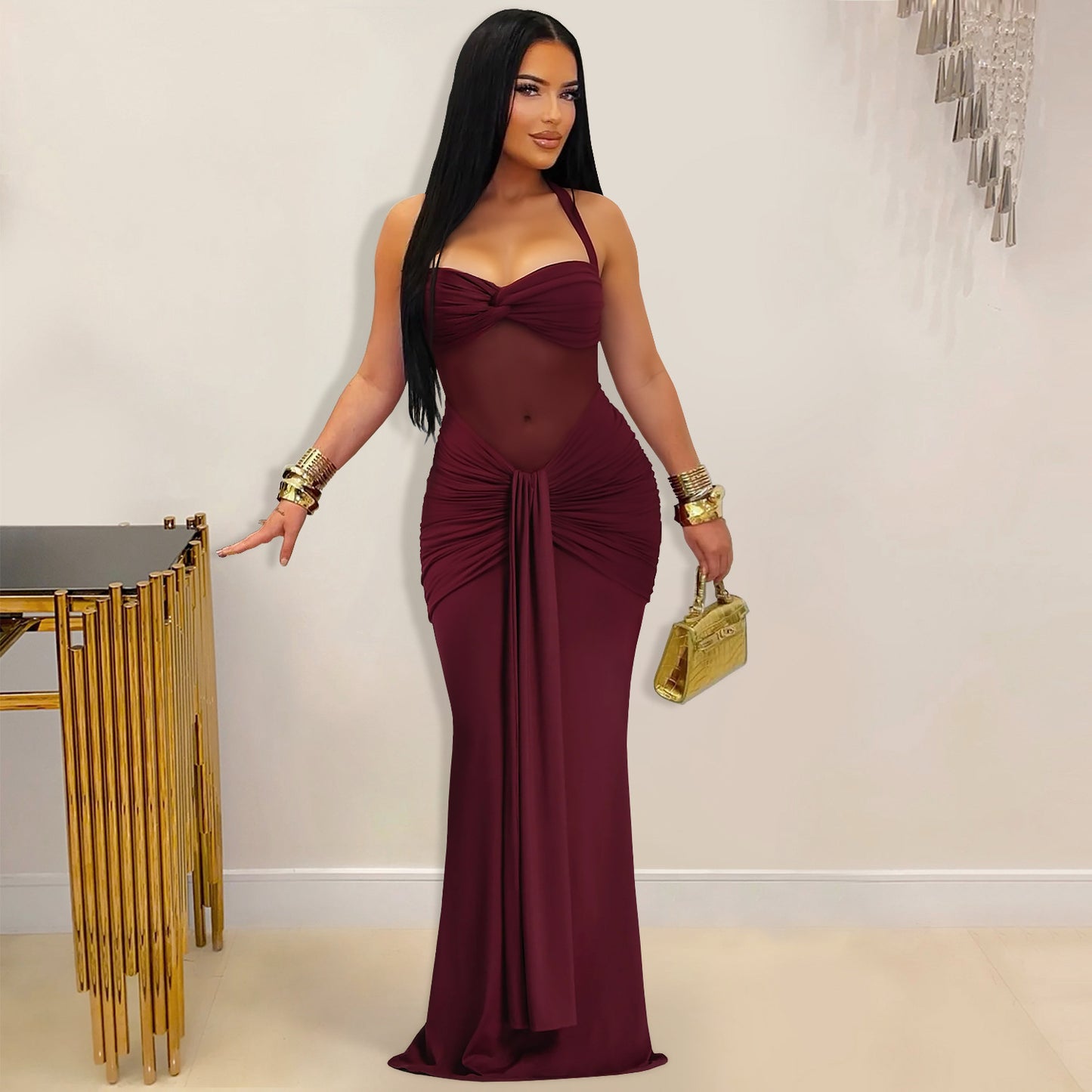 Fashion Women's Sexy Sheer Mesh Halter Tie-Back Dress