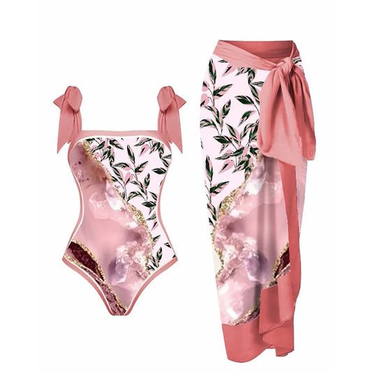 New Swimwear Set Multicolor Printed Chiffon Long Skirt One-Piece Sunscreen Swimsuit Beachwear Cover Up Bikini Bathing Suits