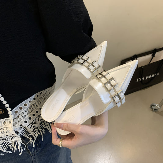 Summer New Brand Women Slipper Fashion Buckle Poined Toe Slip On Mules Shoes Thin High Heel Dress Sandal Shoes