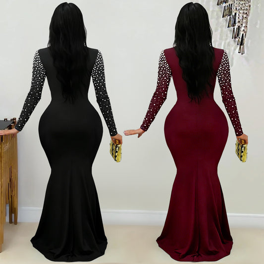 Elegant High Neck Rhinestone Beaded Bodycon Dress for Women Fashion