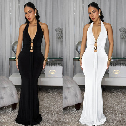 Fashion Women's Sexy Backless Halter Deep V Neck Solid Color Dress