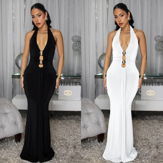 Fashion Women's Sexy Backless Halter Deep V Neck Solid Color Dress