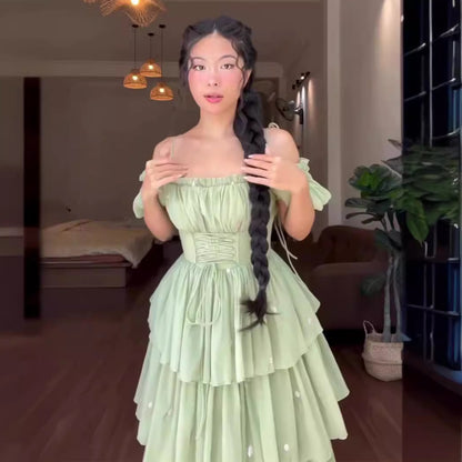 Mesh waist cinching fluffy dress cake dress