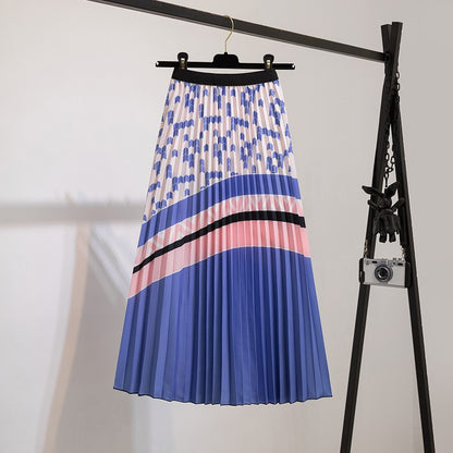 Skirts Women's Elastic Waist Pleated Skirts Printed Mid-Length Skirts Pleated Large Swing A-line Skirts