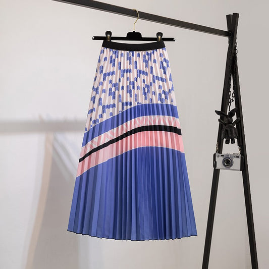 Skirts Women's Elastic Waist Pleated Skirts Printed Mid-Length Skirts Pleated Large Swing A-line Skirts