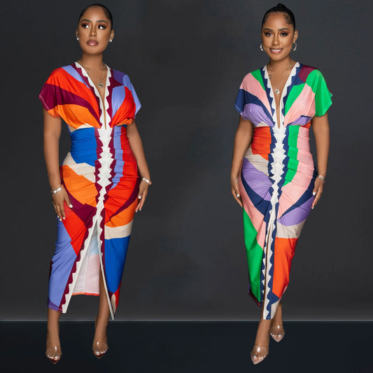 Fashion Women's V-neck Printed Pleated Split Long Dress