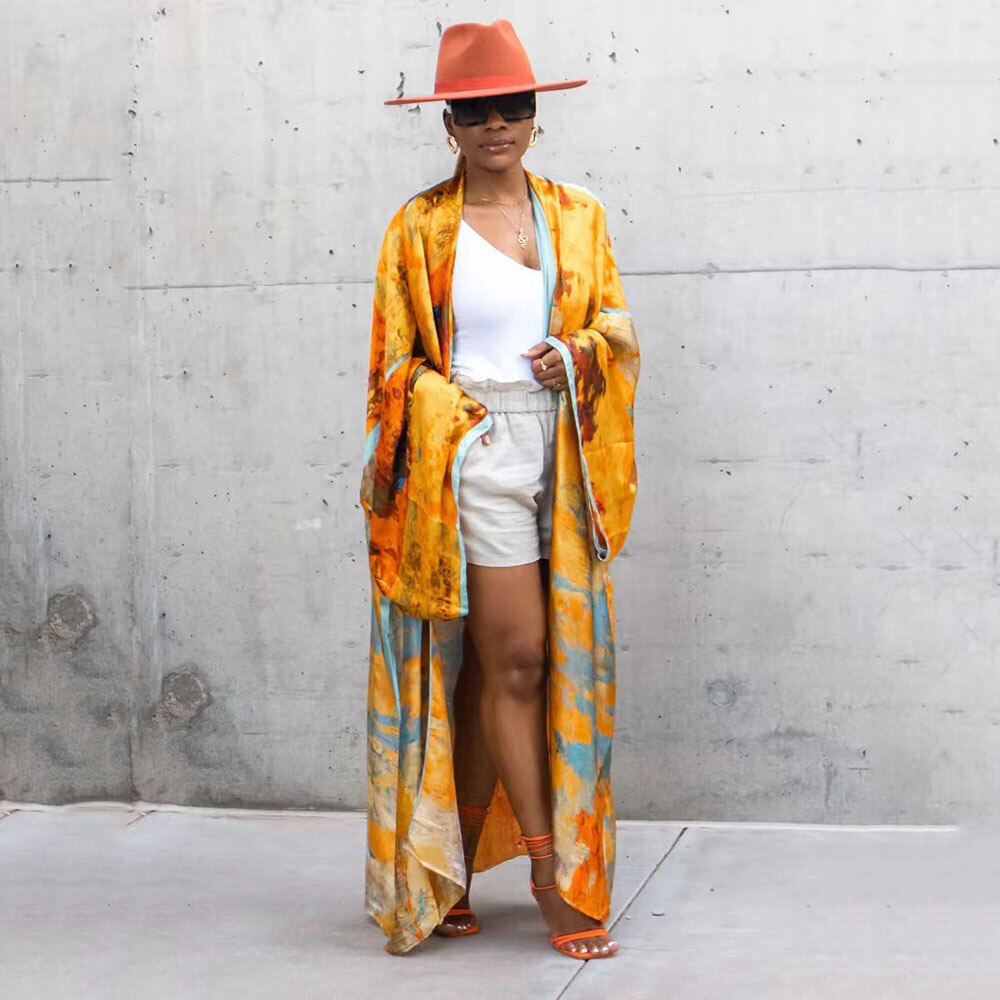 Gold Bohemian Printed Long Kimono Wrap Dress Bikini Cover-ups Summer Clothes Women Beach Wear Swim Suit Cover Up
