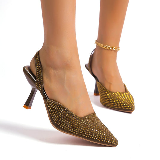 Summer Women Sandal Shoes Thin High Heel Pointed Toe Slingback Sandals Ladies Fashion Bling Cystal Party Dress Shoes