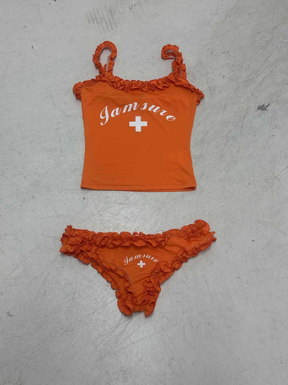Vacation Style  Spicy Girl Letter Print Bikini Set Lace Trim Strapless Top Low Waist Triangle Pants