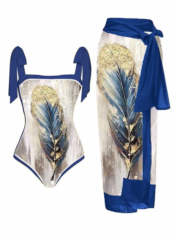 New Swimwear Set Multicolor Printed Chiffon Long Skirt One-Piece Sunscreen Swimsuit Beachwear Cover Up Bikini Bathing Suits