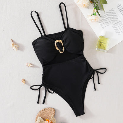 Solid Color Hollow Drawstring Sexy One-Piece Bikini Swimsuit for Women