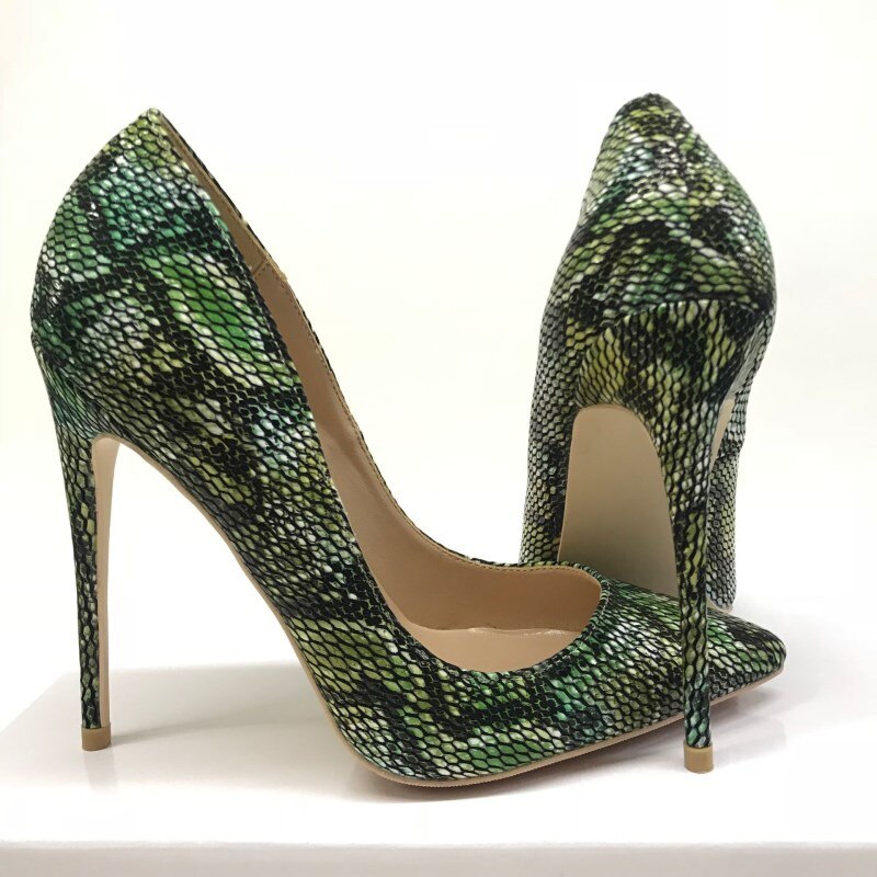 Tikicup Green Python Pattern Embossed Women Sexy Stilettos High Heels Designer Chic Pumps for Elegant Ladies Slip On Dress Shoes