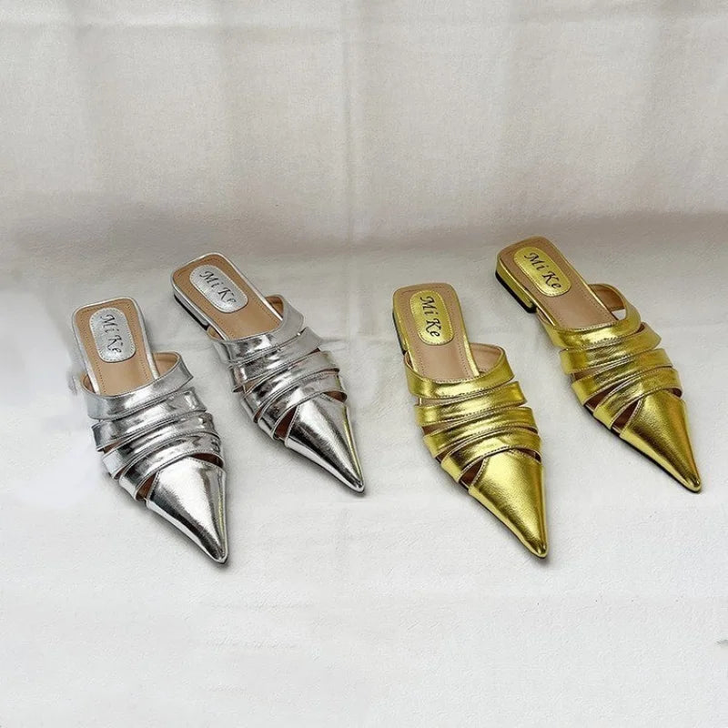 Pointed Toe Women Slides Slippers Black Gold Silver White Casual Outside Flat Slippers Hollow Dress Shoes Summer Slip On Pumps