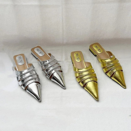 Pointed Toe Women Slides Slippers Black Gold Silver White Casual Outside Flat Slippers Hollow Dress Shoes Summer Slip On Pumps