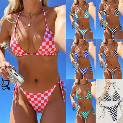Lace up multi-color checkered split swimsuit women's bikini swimsuit