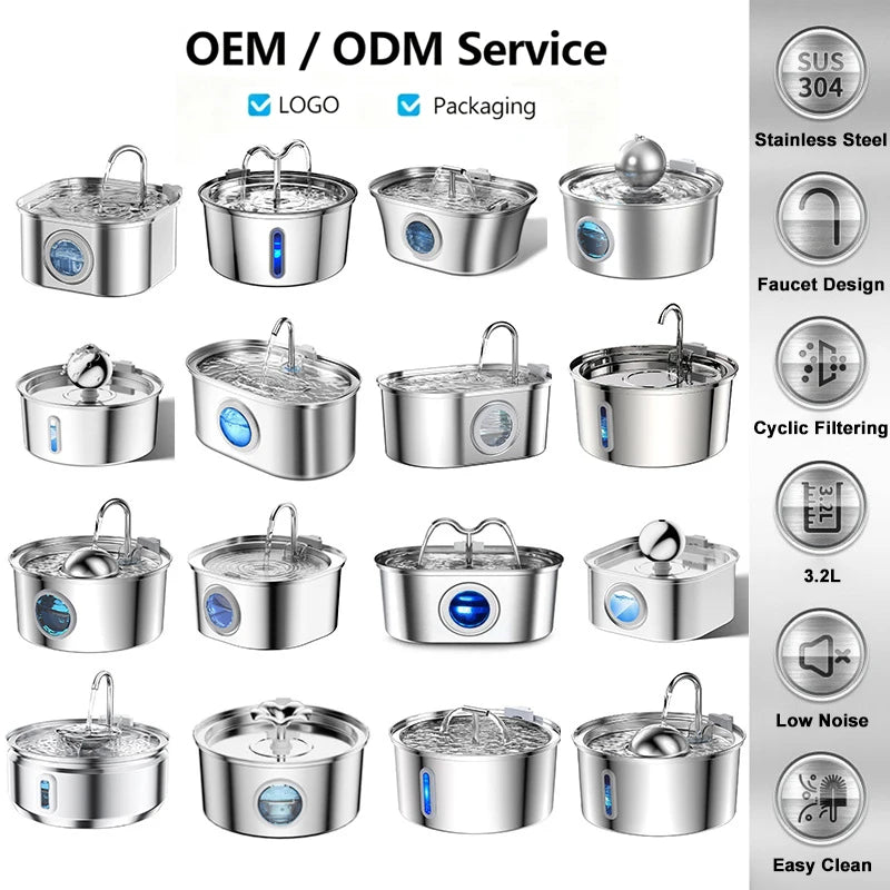Stainless Steel Cat Water Fountain 3.2L Pet Water Fountain Pet Water Dispenser Automatic Cat Fountain Dog Bowls Cat Products