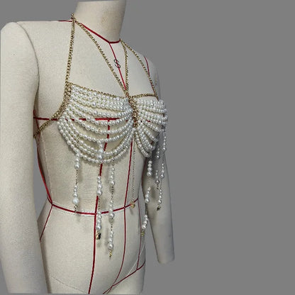 Woman Sexy Bikini Cover Crop Tops Pearl Chain Tassels Patchwork Sling Vest Clothing Women Body Bralette Chest Chain Beach Wear