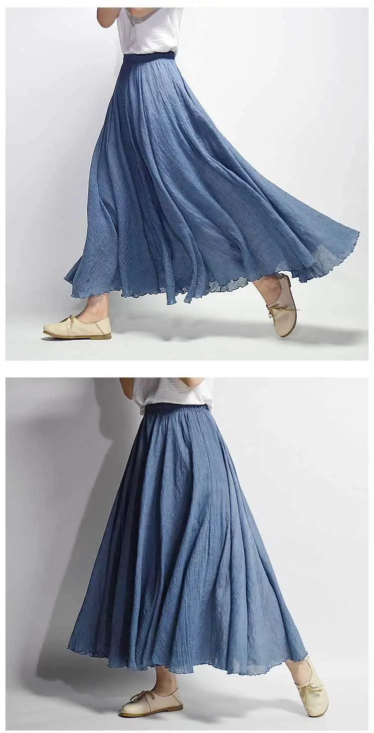 Women's Elegant High Waist Linen Maxi Skirt 2024 Summer Ladies Casual Elastic Waist 2 Layers Skirts saia feminina