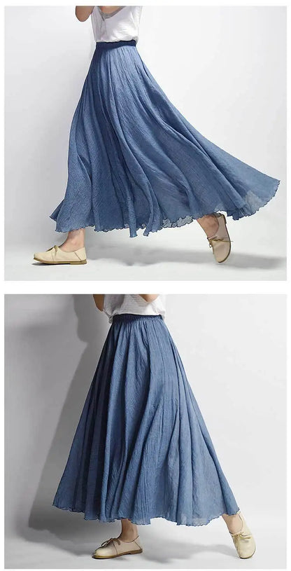 Women's Elegant High Waist Linen Maxi Skirt 2024 Summer Ladies Casual Elastic Waist 2 Layers Skirts saia feminina