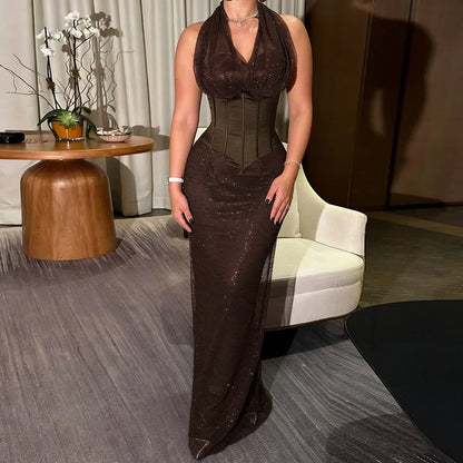Vintage Sequin Women's Halter V-Neck Dress Slim Waist Elegant Fashion Tank Dress with Mesh Splice Long Gown Evening Party Outfit