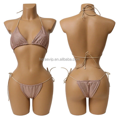 S573 Factory Supply Full Rhinestone Swimwear Swimsuit Two Pieces Sexy Bikini Neon Green Crystal Swimming Bathing Suit for Girl