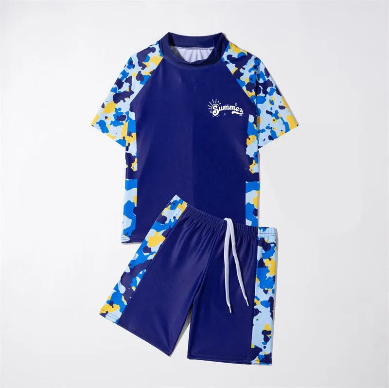 Conservative Short-Sleeved Swimsuit for Boys Split Design with Large Sizes for Summer Surfing and Water Sports