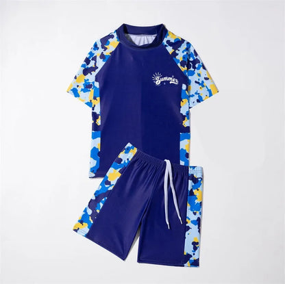 Conservative Short-Sleeved Swimsuit for Boys Split Design with Large Sizes for Summer Surfing and Water Sports