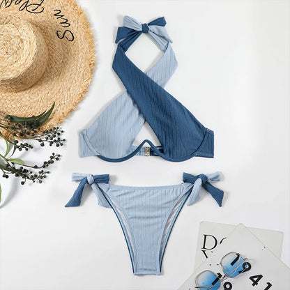Sexy Drawstring Bandage Bikini Set 2025 Swimwear Women Two Pieces Swimsuit Cross Halter Push up Bikinis Beach Wear Bathing Suit