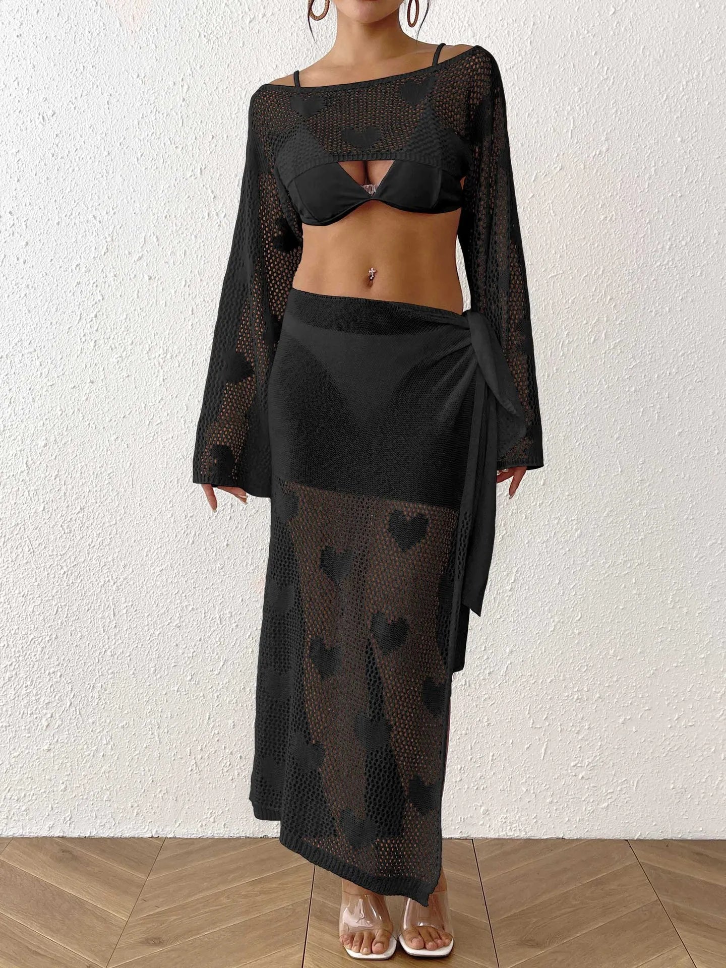Factory Two Pieces Sexy Cover Ups Tops Sarongs Bikinis & Beachwear Women Heart Jacquard Knitted Long Beach Dresses Coverups