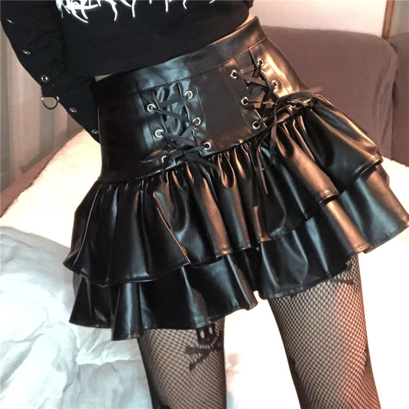AltGoth Mall Goth Punk PU Skirt Women Dark Gothic Vintage Bandage High Waist Lolita Skirt Harajuku Streetwear Emo Alt Clubwear