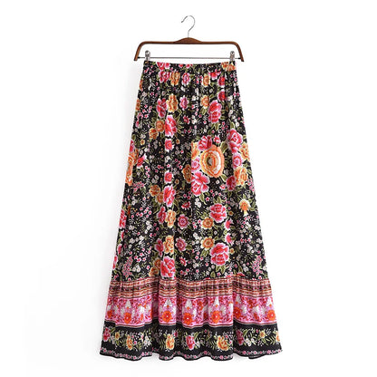 Vintage Summer Fashion Women Floral Print Beach Bohemian Pleated Skirt Beachwear Lady High Waist A-Line Rayon Boho Maxi Skirts